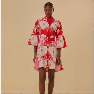 FARM Rio Pink Soft Garden Short Sleeve Mini Dress in Red